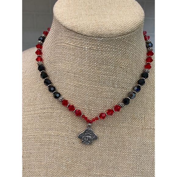 Handmade Jewelry - .925 Pirate Sterling Silver Charm with Black Red Austria Crystals Necklace #hand
